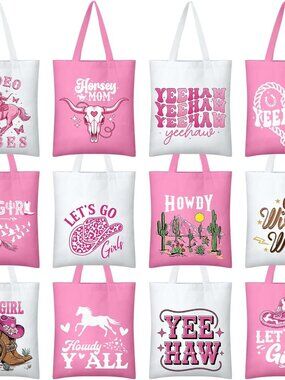 12 Pcs Western Pink Cowgirl Canvas Tote Bags Bulk Teacher Gifts for Women Wester